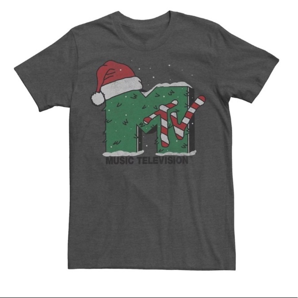 Men’s MTV Christmas Shirt  NEW Music Television Gray 50% Cotton/polyester Tee
